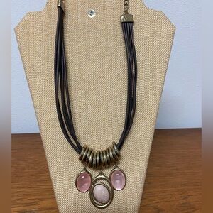 Chico's Gold Toned & Pink Stones Charm Necklace On Brown Cords Necklace